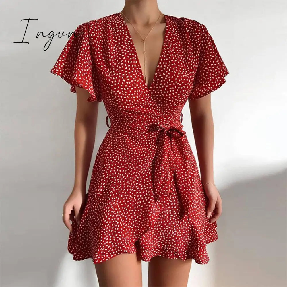 Ingvn - Summer Women Dress Butterfly Sleeve Polka Dot Floral Print V Neck High Waist Sashes Vintage