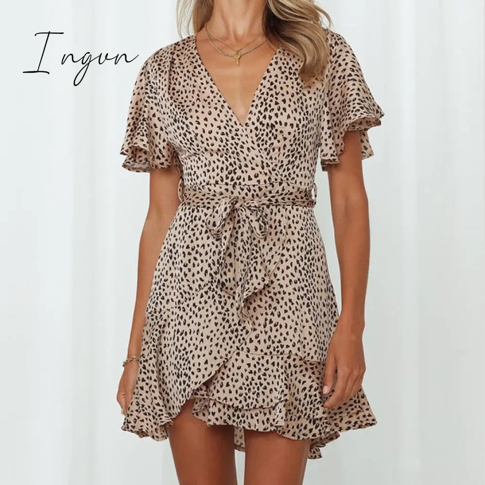 Ingvn - Summer Women Dress Butterfly Sleeve Polka Dot Floral Print V Neck High Waist Sashes Vintage