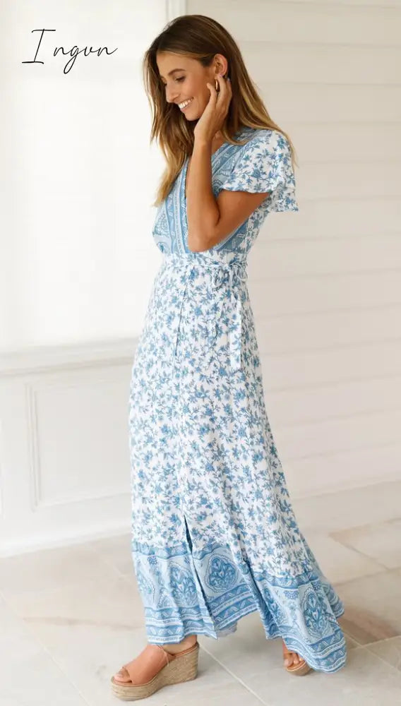 Ingvn - Summer Women Dress Indie Folk Sexy Printed Bow Holiday Beach Wrap Dresses V - Neck Boho