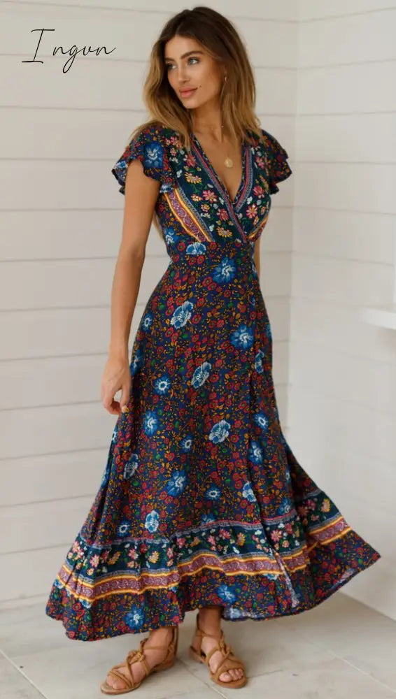 Ingvn - Summer Women Dress Indie Folk Sexy Printed Bow Holiday Beach Wrap Dresses V - Neck Boho