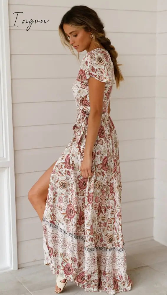 Ingvn - Summer Women Dress Indie Folk Sexy Printed Bow Holiday Beach Wrap Dresses V - Neck Boho