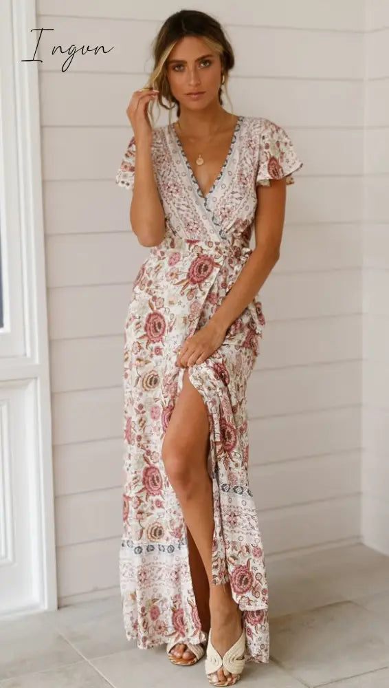 Ingvn - Summer Women Dress Indie Folk Sexy Printed Bow Holiday Beach Wrap Dresses V - Neck Boho