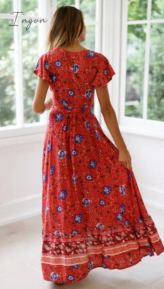 Ingvn - Summer Women Dress Indie Folk Sexy Printed Bow Holiday Beach Wrap Dresses V - Neck Boho