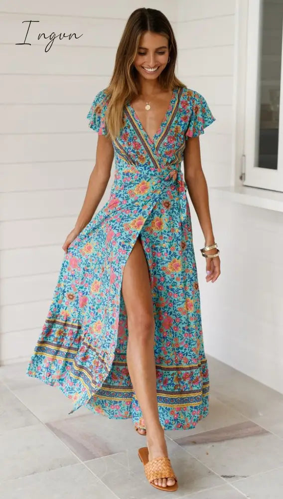 Ingvn - Summer Women Dress Indie Folk Sexy Printed Bow Holiday Beach Wrap Dresses V - Neck Boho