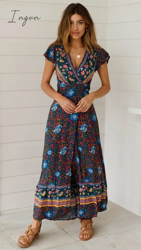 Ingvn - Summer Women Dress Indie Folk Sexy Printed Bow Holiday Beach Wrap Dresses V - Neck Boho