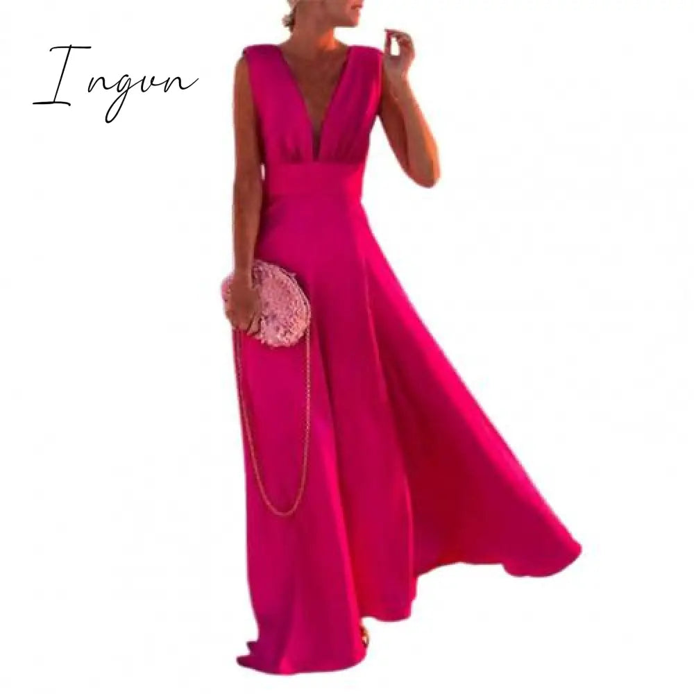 Ingvn - Summer Women’s Dress Sleeveless Elegant Deep V - Neck Waist Tight Pleated Big Hem Maxi