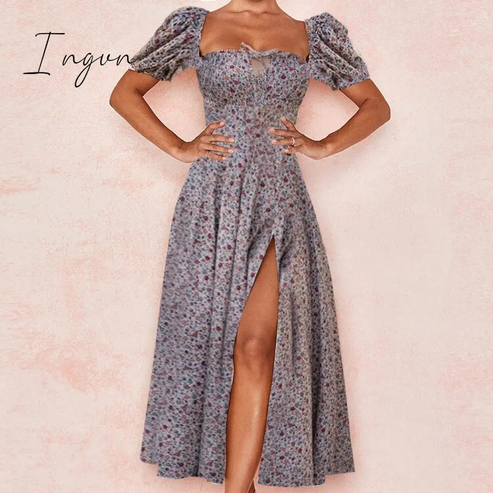 Ingvn - Summer Women’s Wear Bohemian Style Bubble Sleeve Floral Split Long Dress High Waist Sexy