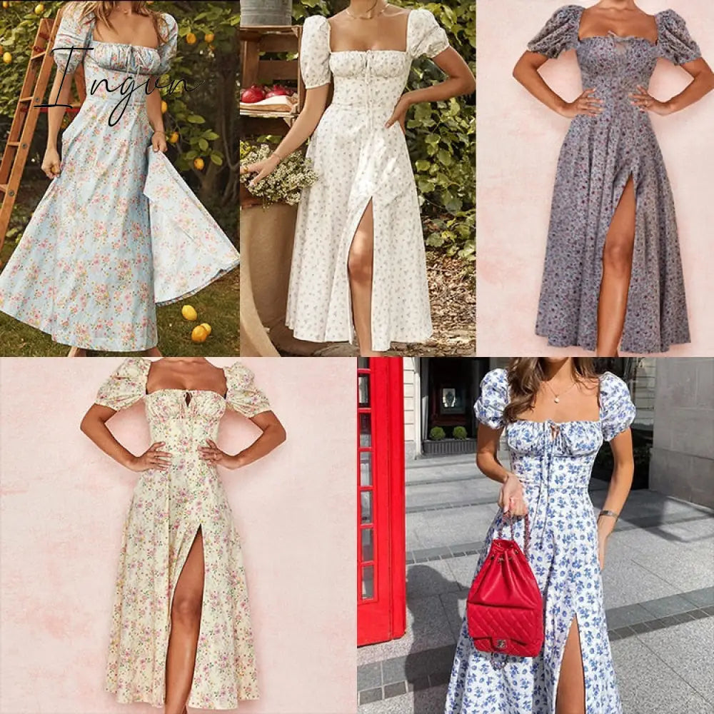 Ingvn - Summer Women’s Wear Bohemian Style Bubble Sleeve Floral Split Long Dress High Waist Sexy