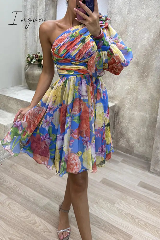 Ingvn - Sweet Elegant Floral Fold Oblique Collar A Line Dresses Dresses/Floral