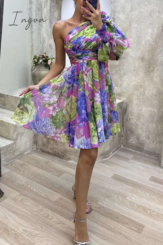 Ingvn - Sweet Elegant Floral Fold Oblique Collar A Line Dresses Dresses/Floral