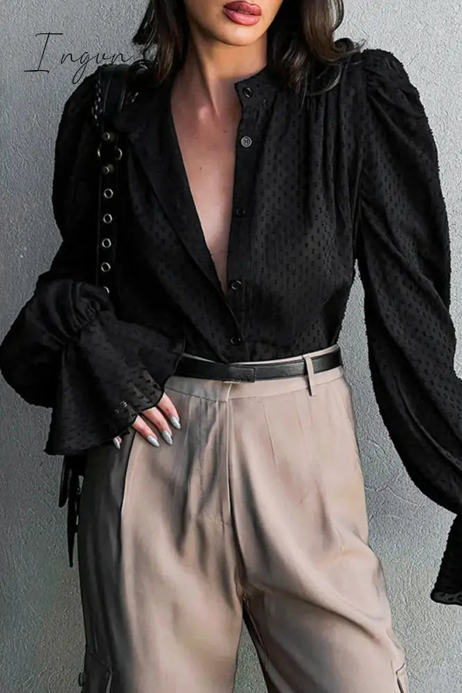 Ingvn - Sweet Elegant Solid Flounce Mandarin Collar Blouses(3 Colors) Black / S Tops/Blouses &