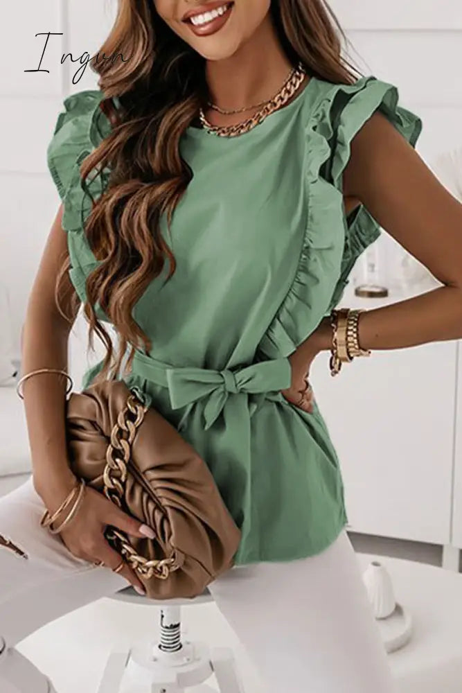 Ingvn - Sweet Simplicity Solid Bandage Flounce O Neck Tops Tops/Blouses & Shirts