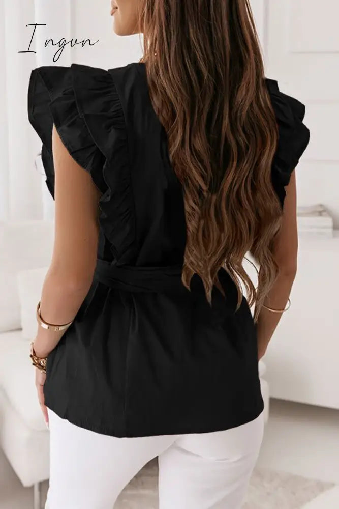 Ingvn - Sweet Simplicity Solid Bandage Flounce O Neck Tops Tops/Blouses & Shirts