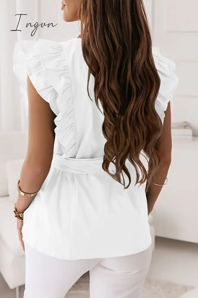 Ingvn - Sweet Simplicity Solid Bandage Flounce O Neck Tops Tops/Blouses & Shirts