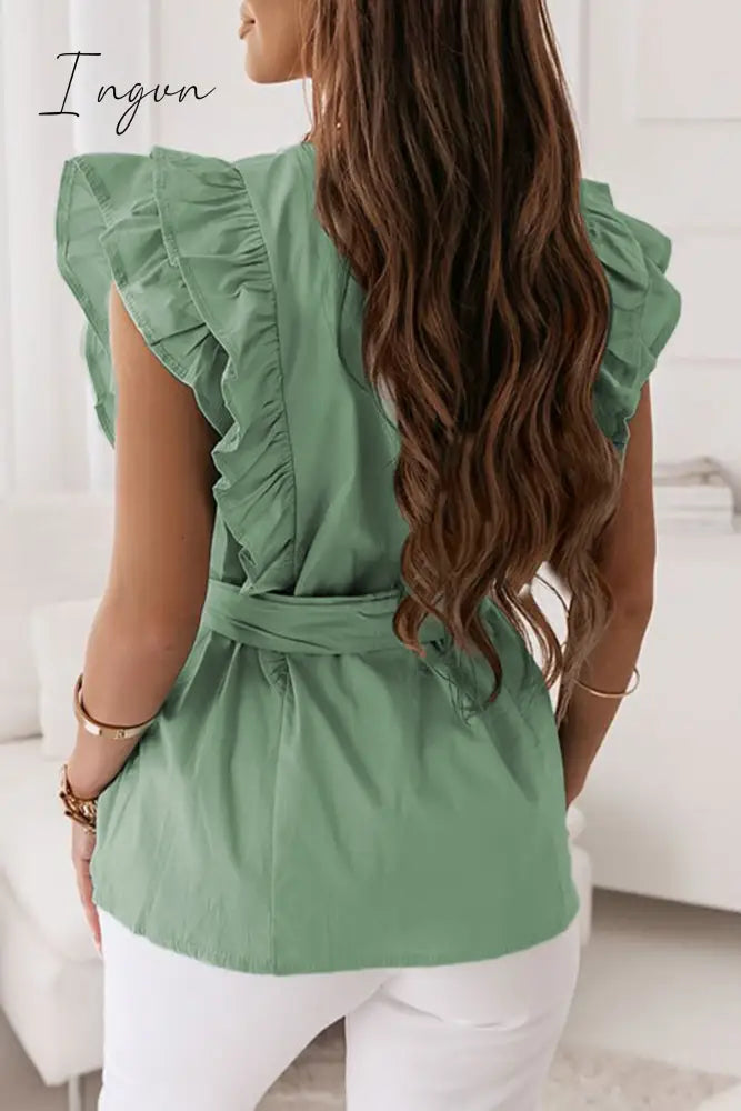 Ingvn - Sweet Simplicity Solid Bandage Flounce O Neck Tops Tops/Blouses & Shirts