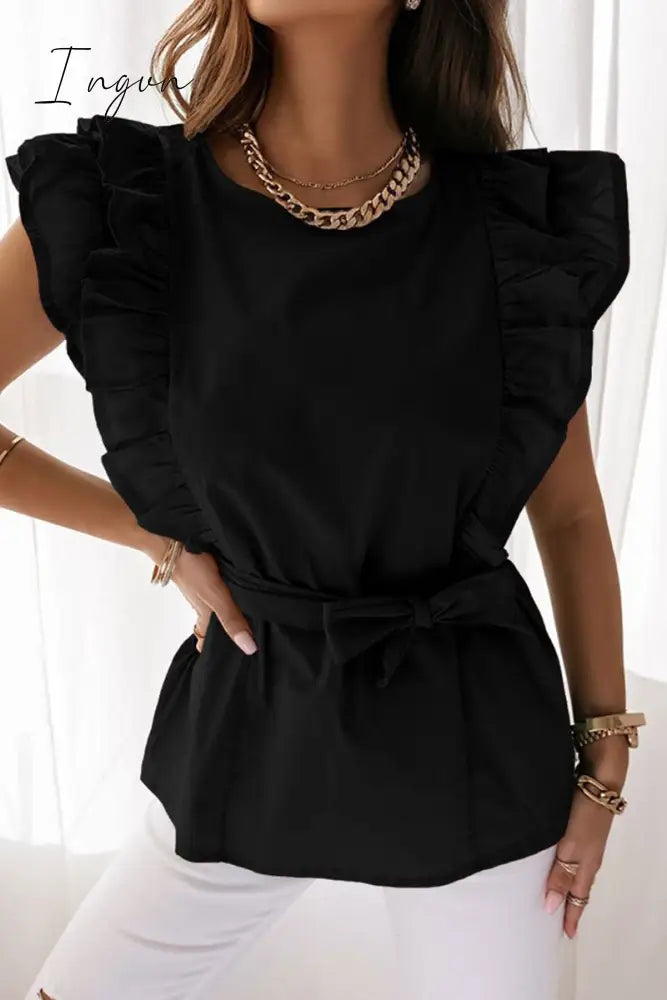 Ingvn - Sweet Simplicity Solid Bandage Flounce O Neck Tops Tops/Blouses & Shirts