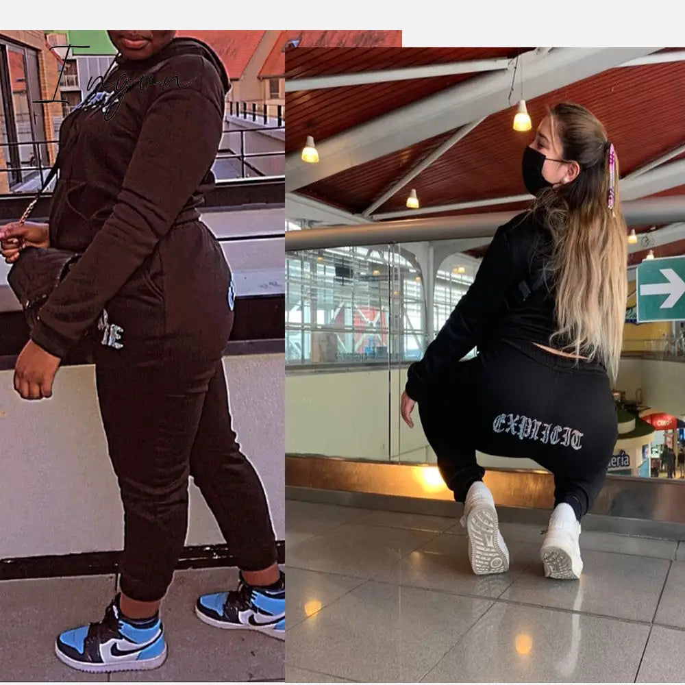 Ingvn - Tracksuit 2 Piece Women Set Oversize Hoodies Sweatshirt Loose Sweatpants Joggers Sport Suit