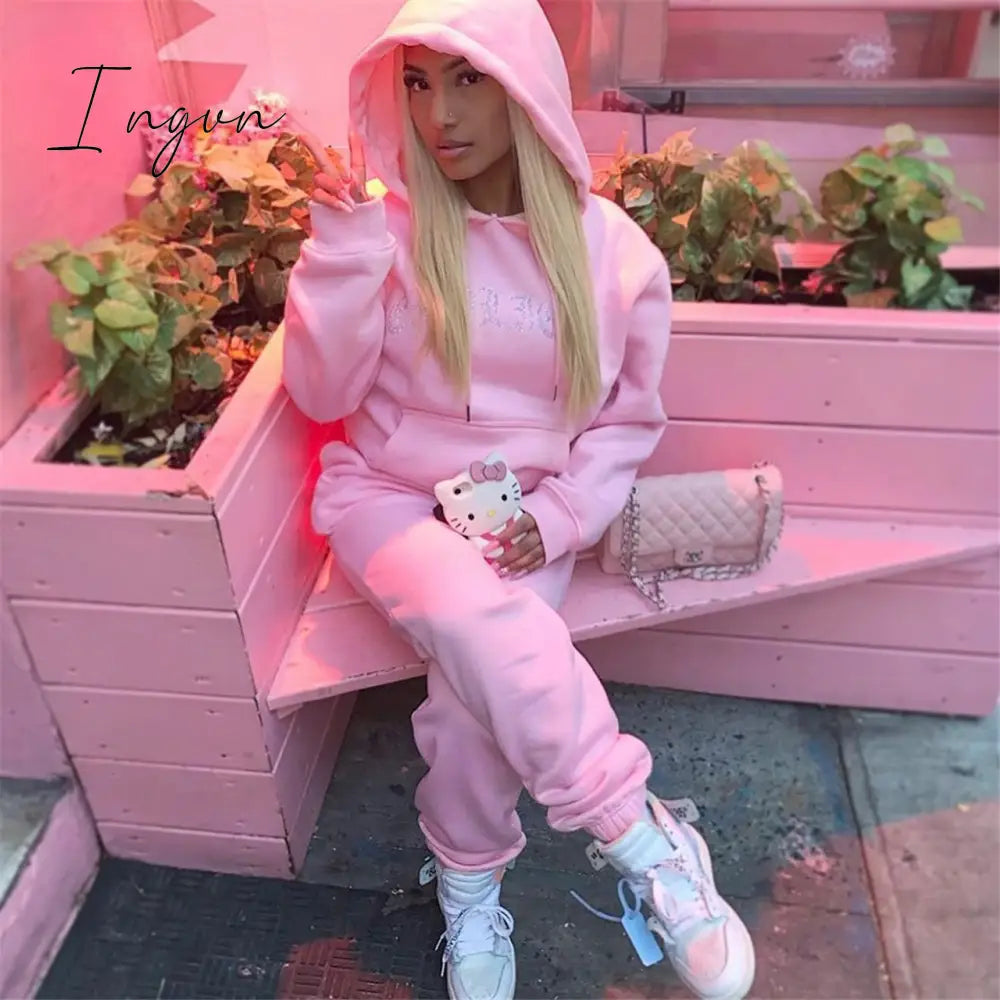 Ingvn - Tracksuit 2 Piece Women Set Oversize Hoodies Sweatshirt Loose Sweatpants Joggers Sport Suit