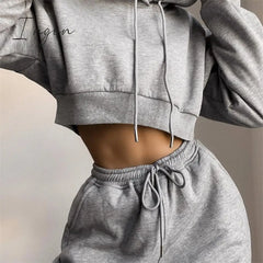 Ingvn - Tracksuit Women Two Piece Set Spring Clothes Solid Hooded Fleece Sweatshirt Crop Top And