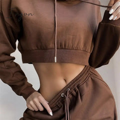 Ingvn - Tracksuit Women Two Piece Set Spring Clothes Solid Hooded Fleece Sweatshirt Crop Top And