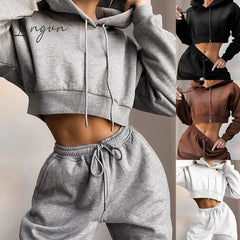 Ingvn - Tracksuit Women Two Piece Set Spring Clothes Solid Hooded Fleece Sweatshirt Crop Top And