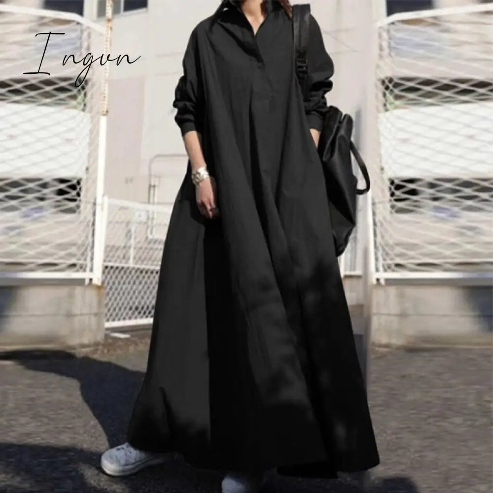 Ingvn - Turkey Muslim Women Long Dress Moroccan Kaftan Solid Maxi Vestidos Elegant Robe Femme