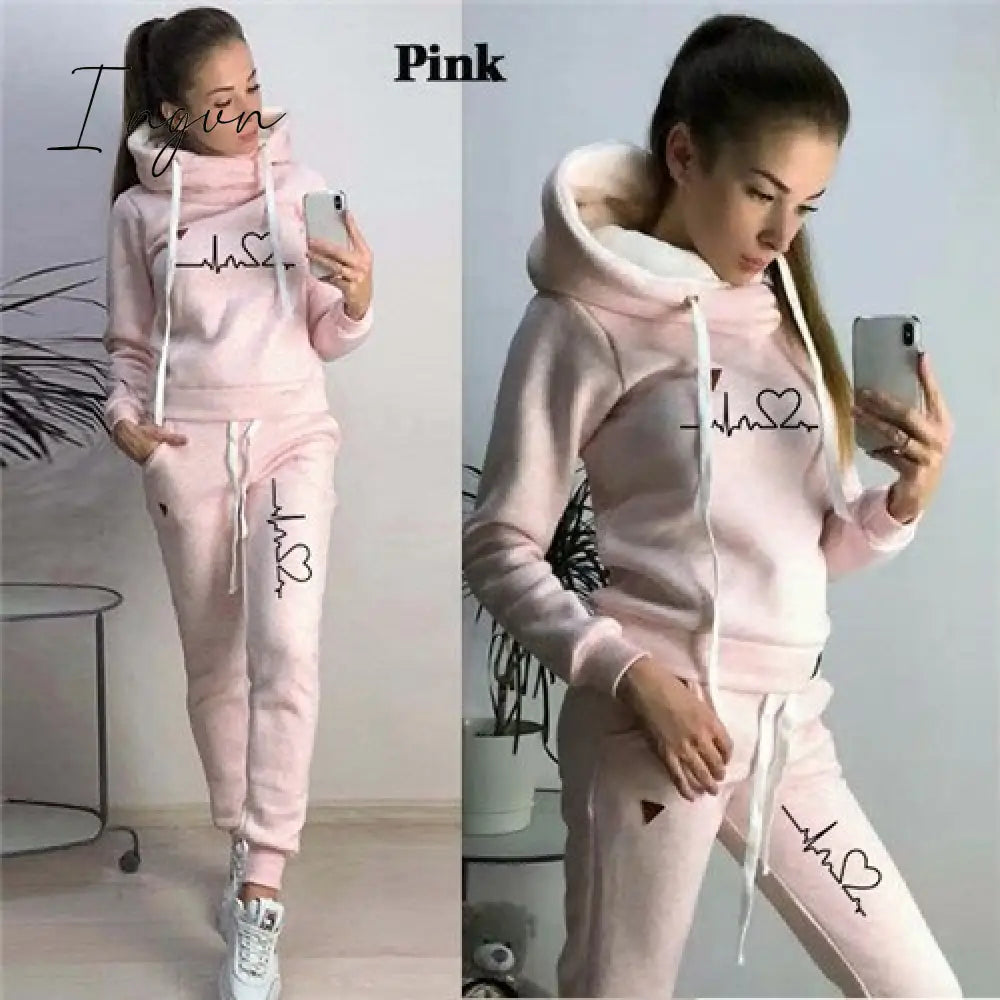 Ingvn - Two Piece Sets Casual Tracksuit Women Hooded Pullover Hoodies And Pants Suit Outfits Female