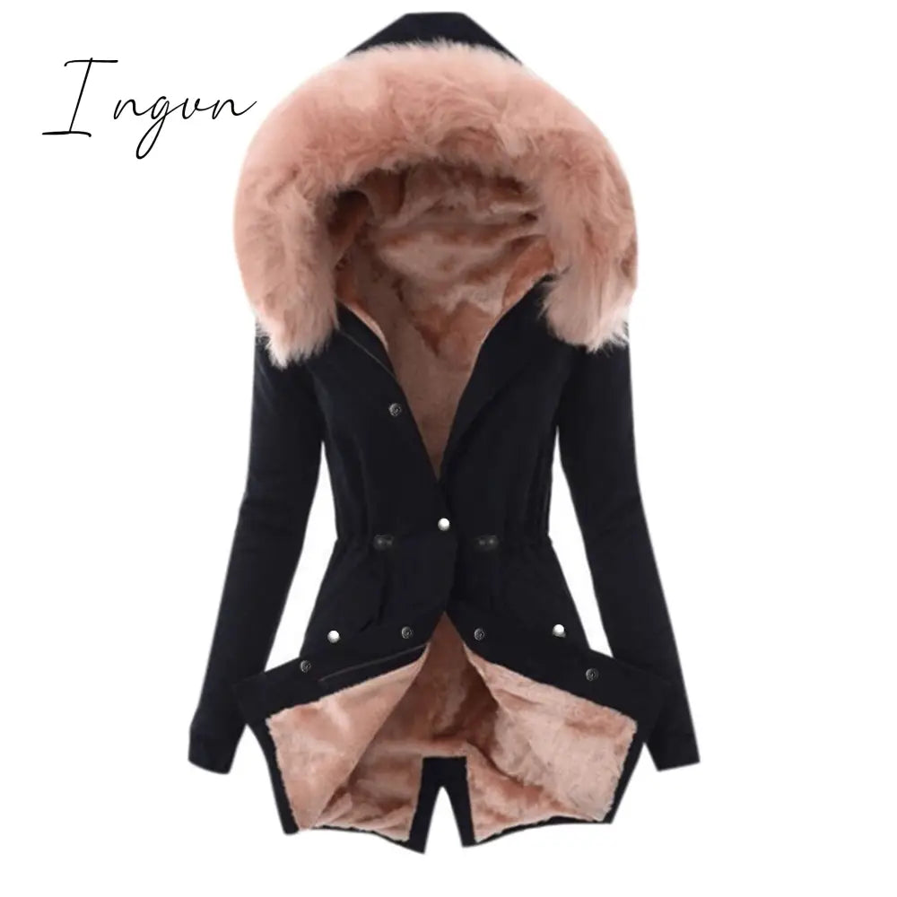 Ingvn - Ultra Cozy Fur Button Up Waist Drawstring Pocket Cotton Coat