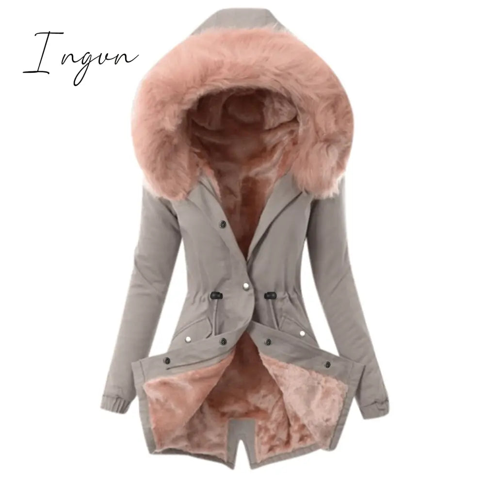 Ingvn - Ultra Cozy Fur Button Up Waist Drawstring Pocket Cotton Coat