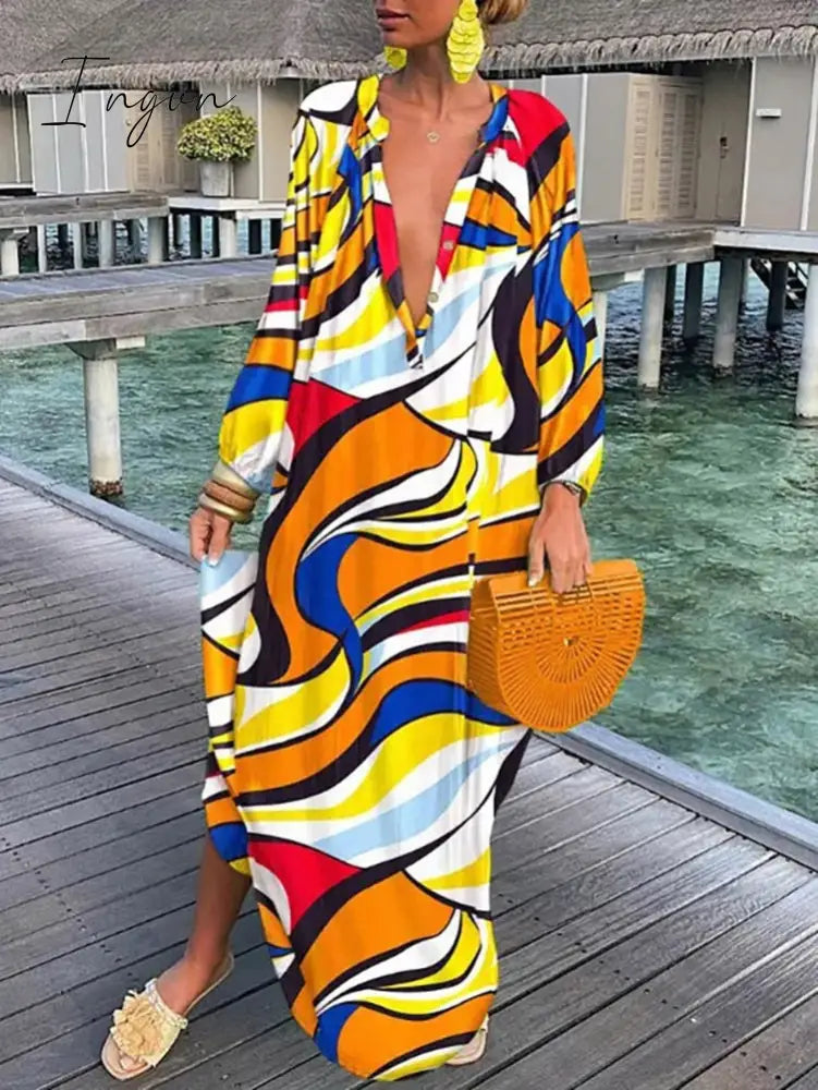 Ingvn - V-Neck Casual Loose Floral Print Long Sleeve Maxi Dress