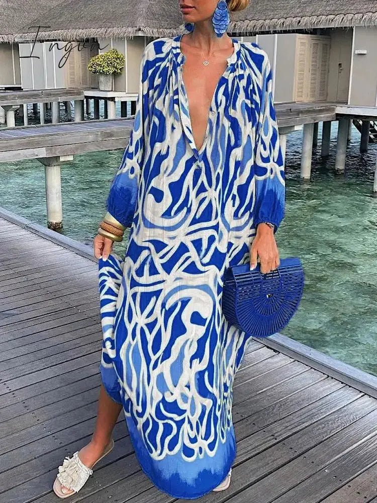 Ingvn - V-Neck Casual Loose Floral Print Long Sleeve Maxi Dress Blue / S