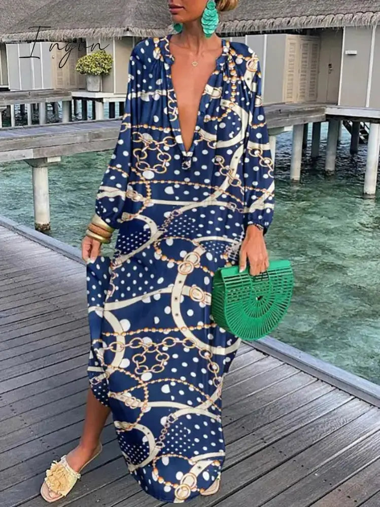 Ingvn - V-Neck Casual Loose Floral Print Long Sleeve Maxi Dress Dark Blue / S