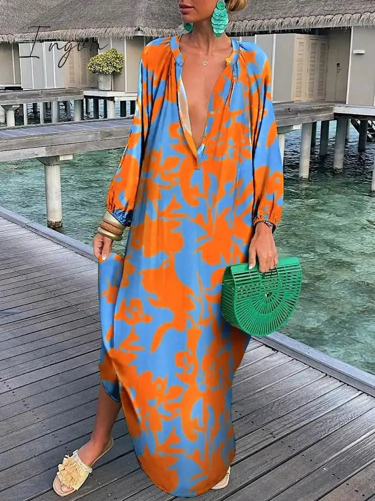 Ingvn - V-Neck Casual Loose Floral Print Long Sleeve Maxi Dress Orange / S