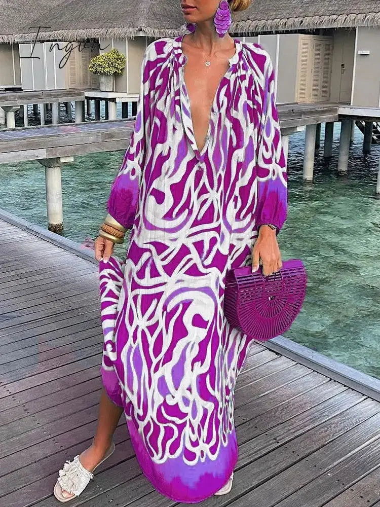 Ingvn - V-Neck Casual Loose Floral Print Long Sleeve Maxi Dress Purple / S