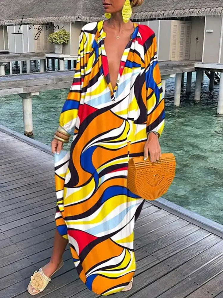 Ingvn - V-Neck Casual Loose Floral Print Long Sleeve Maxi Dress Yellow / S