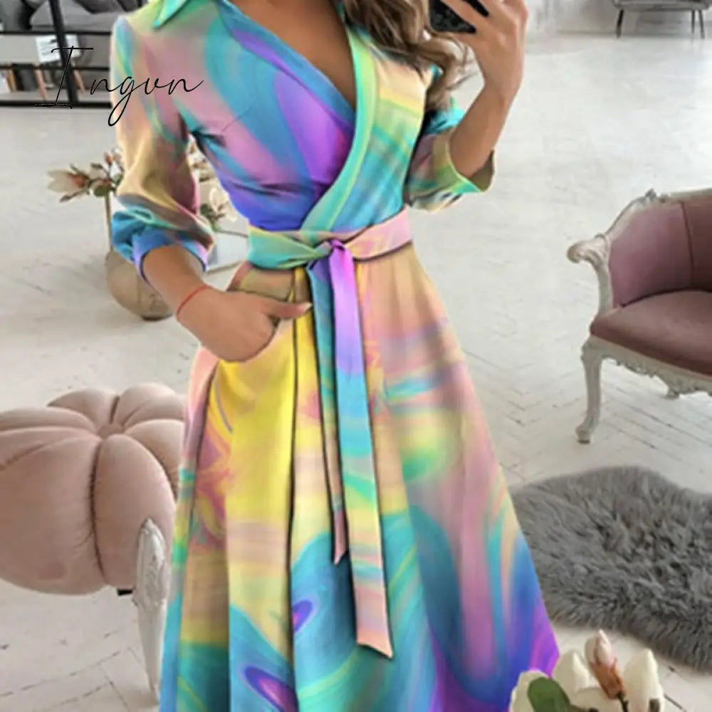 Ingvn - V Neck Long Sleeve Spring Summer Printed Dress