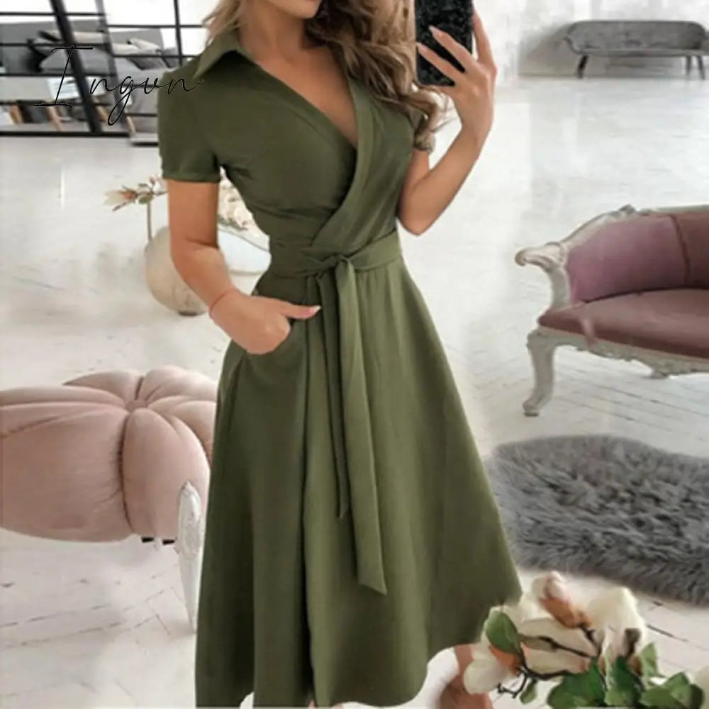 Ingvn - V Neck Long Sleeve Spring Summer Printed Dress Army Green 2 / S