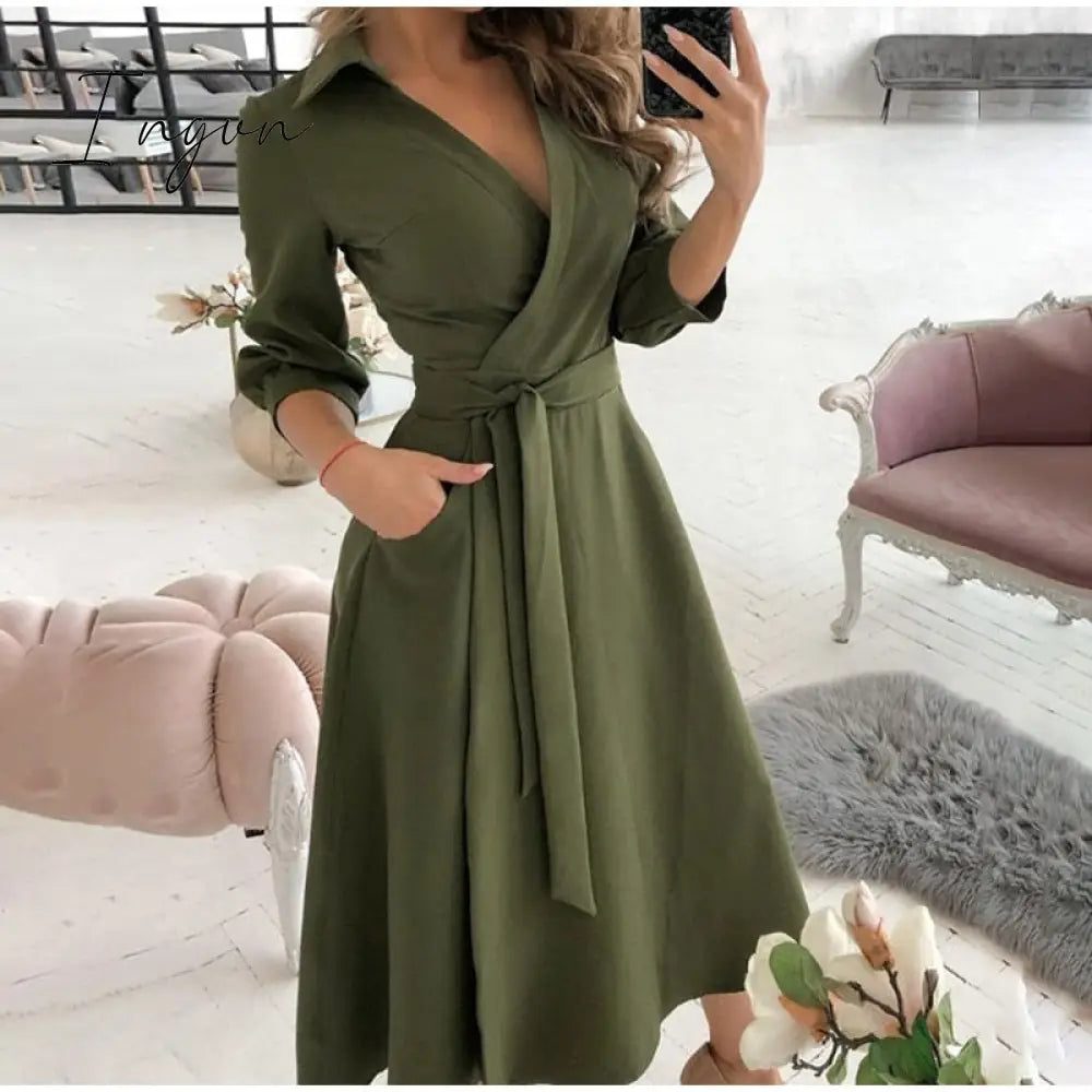 Ingvn - V Neck Long Sleeve Spring Summer Printed Dress Army Green 3 / S