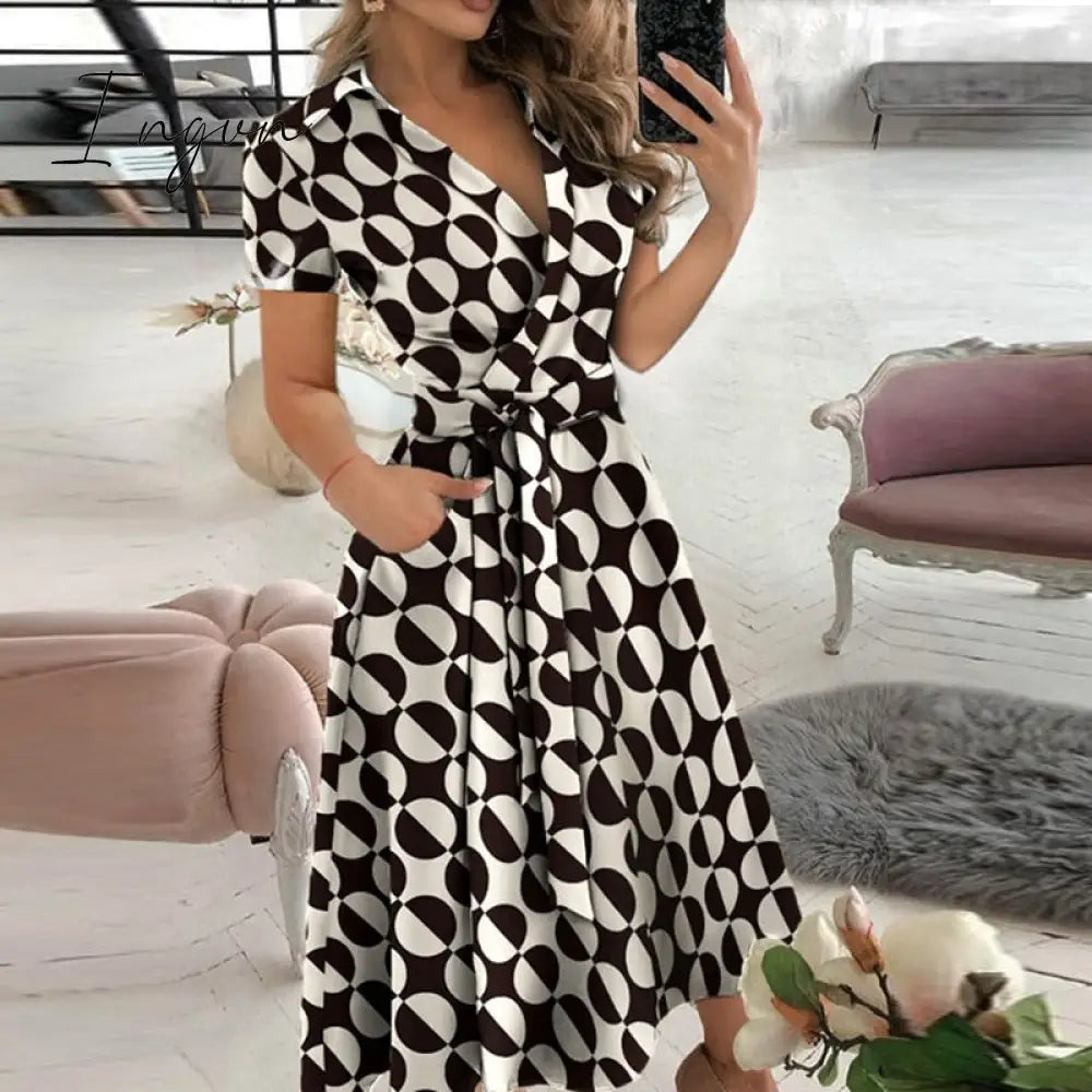Ingvn - V Neck Long Sleeve Spring Summer Printed Dress Big Dot 2 / S