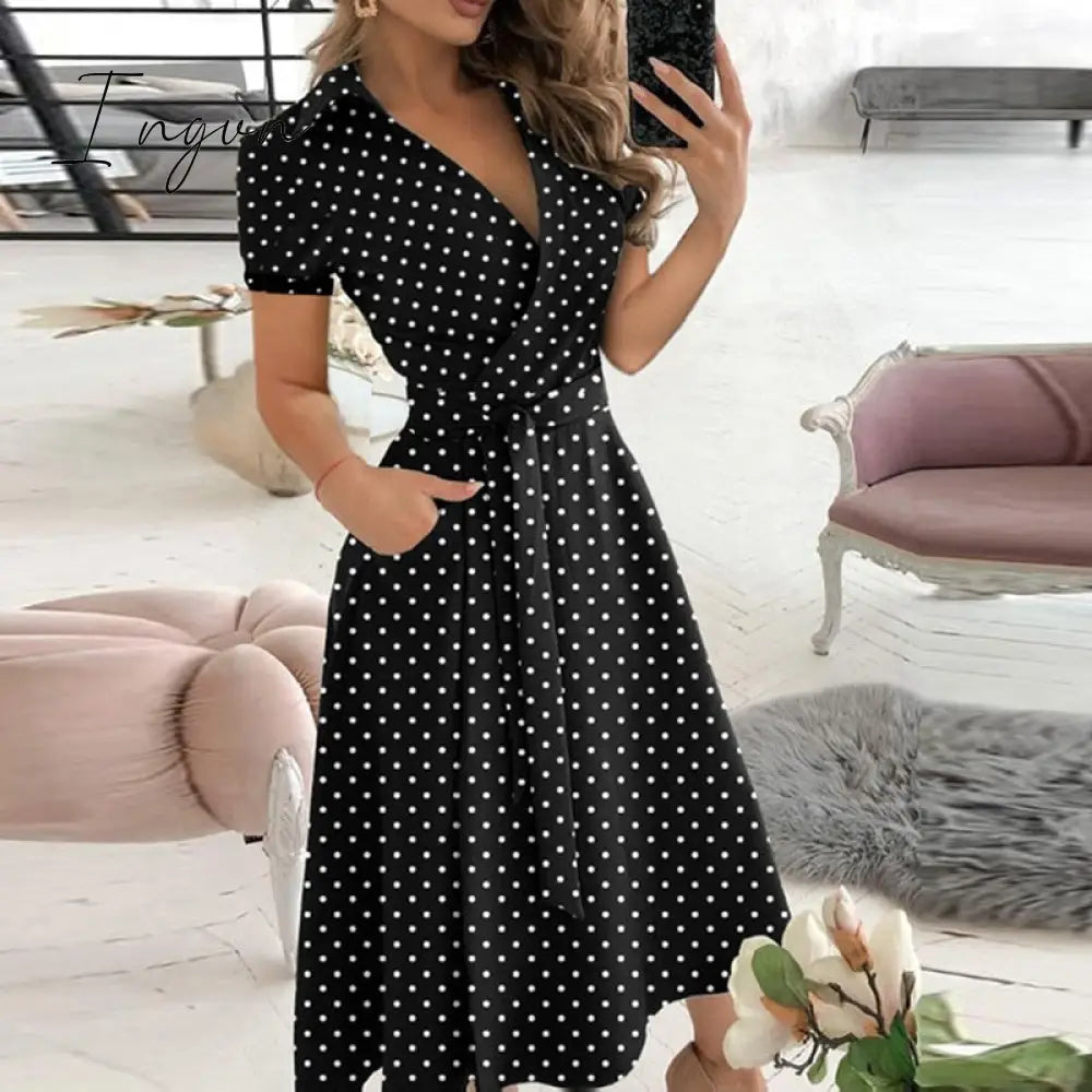 Ingvn - V Neck Long Sleeve Spring Summer Printed Dress Little Dot 2 / S