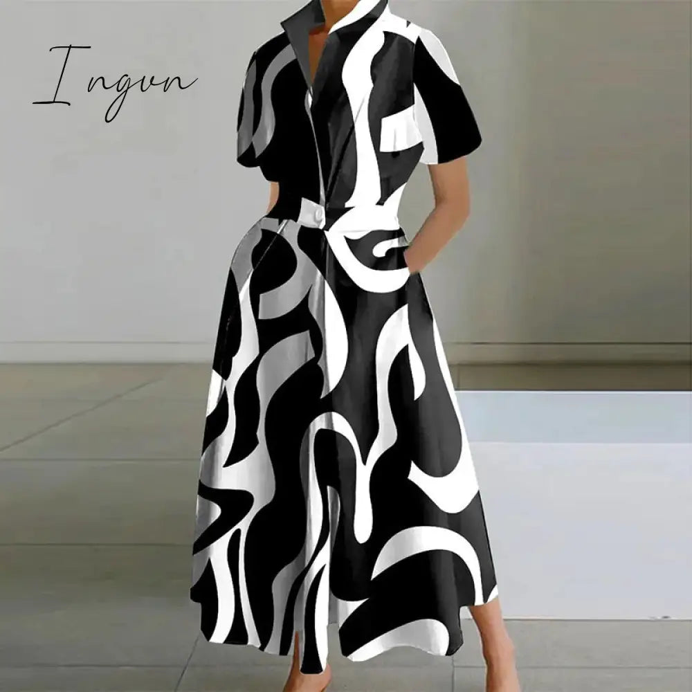 Ingvn - Vintage Abstract Print Boho Long Dress 2023 Spring Waist Buttoned Lapel Shirt Women Short