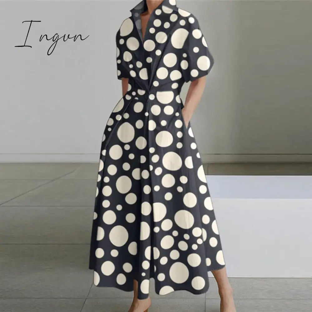 Ingvn - Vintage Abstract Print Boho Long Dress 2023 Spring Waist Buttoned Lapel Shirt Women Short