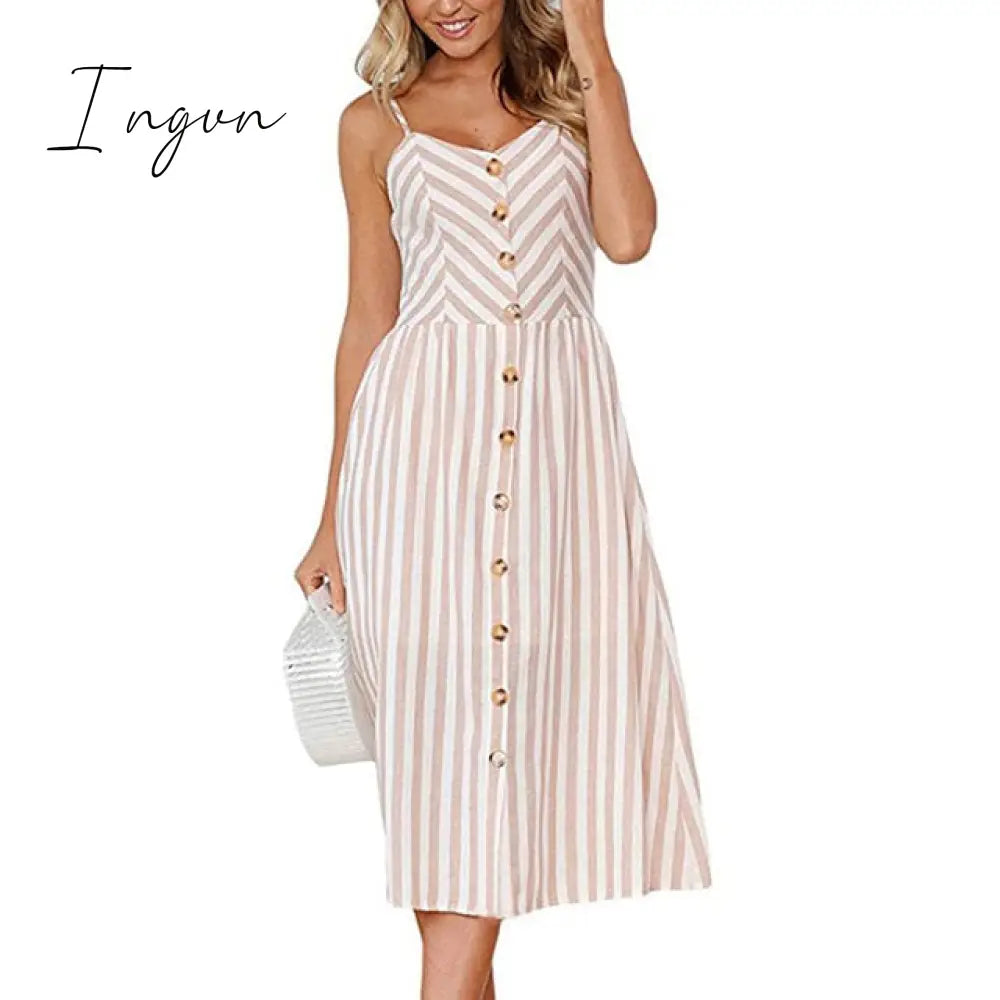 Ingvn - Vintage Casual Sundress Female Beach Dress Midi Button Backless Polka Dot Striped Women