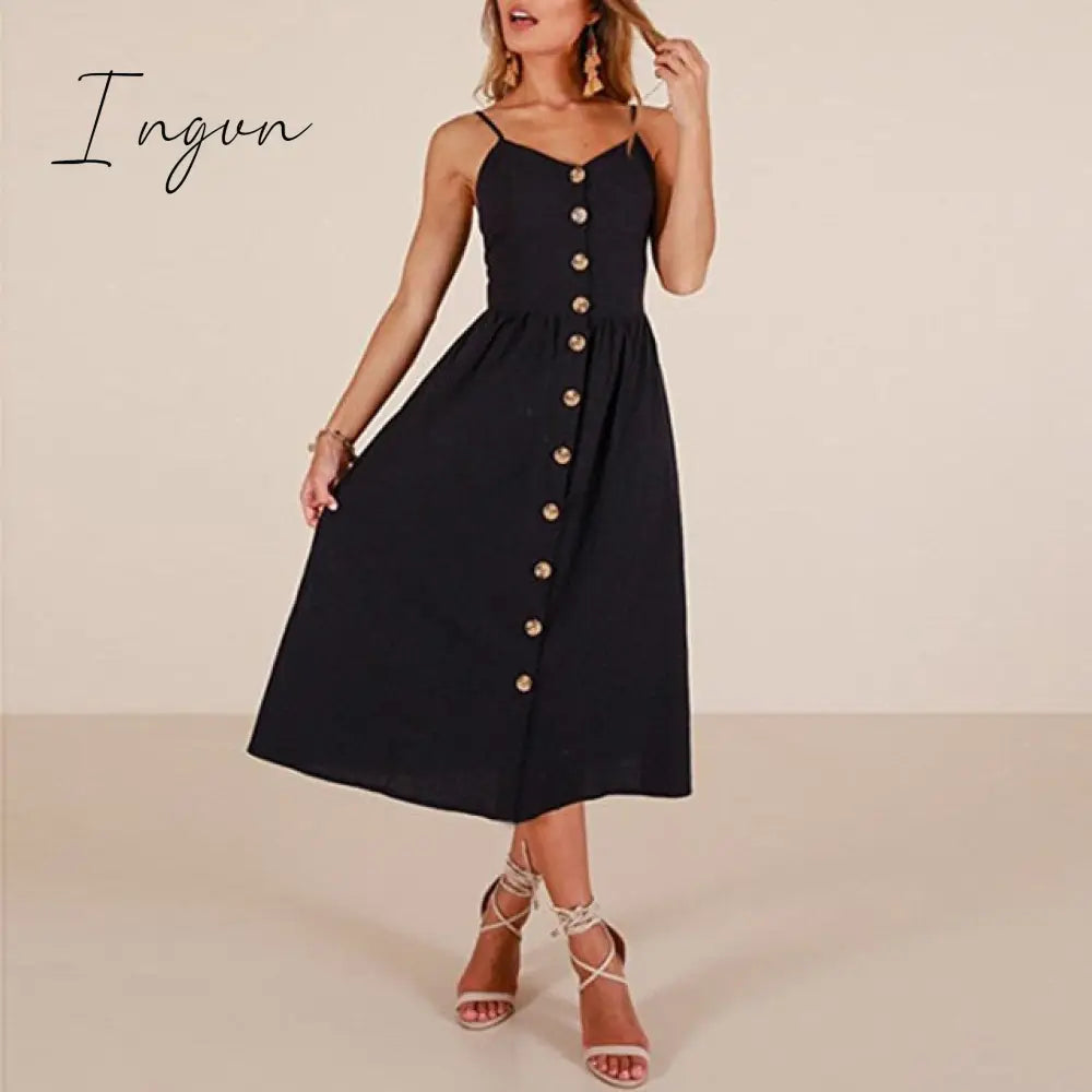 Ingvn - Vintage Casual Sundress Female Beach Dress Midi Button Backless Polka Dot Striped Women