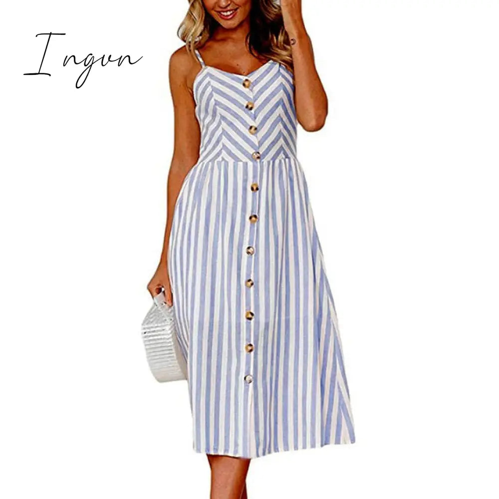 Ingvn - Vintage Casual Sundress Female Beach Dress Midi Button Backless Polka Dot Striped Women