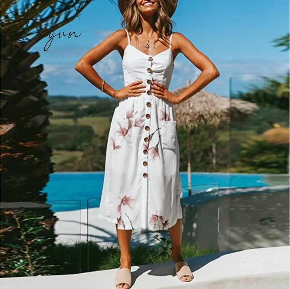 Ingvn - Vintage Casual Sundress Female Beach Dress Midi Button Backless Polka Dot Striped Women