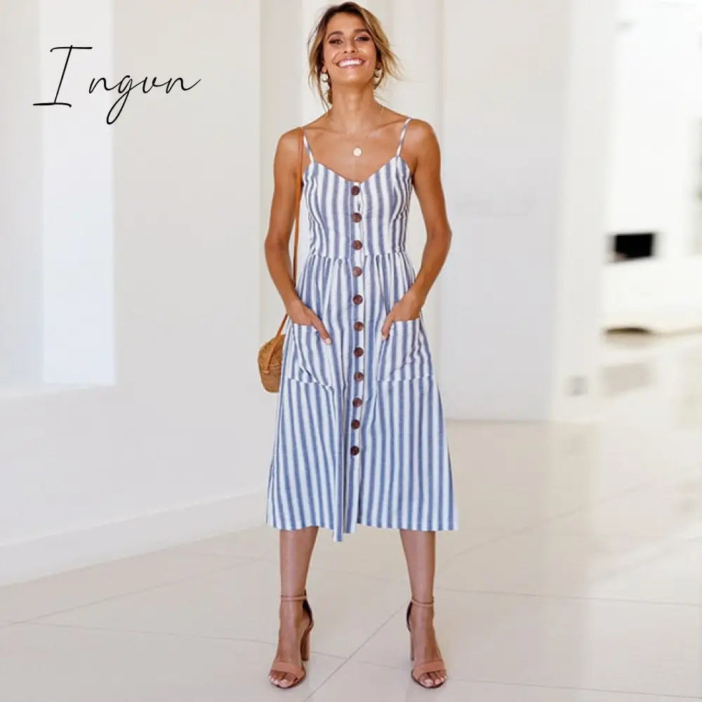 Ingvn - Vintage Casual Sundress Female Beach Dress Midi Button Backless Polka Dot Striped Women