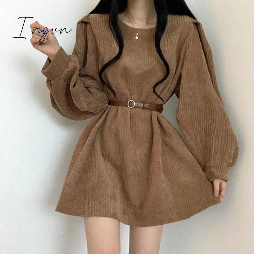 Ingvn - Vintage Corduroy Belt Dress Women Solid O - Neck Lantern Sleeve Mini Dresses Ladies Korean