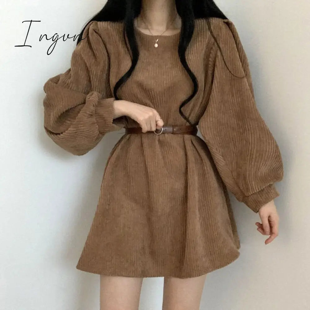 Ingvn - Vintage Corduroy Belt Dress Women Solid O - Neck Lantern Sleeve Mini Dresses Ladies Korean