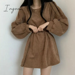 Ingvn - Vintage Corduroy Belt Dress Women Solid O - Neck Lantern Sleeve Mini Dresses Ladies Korean